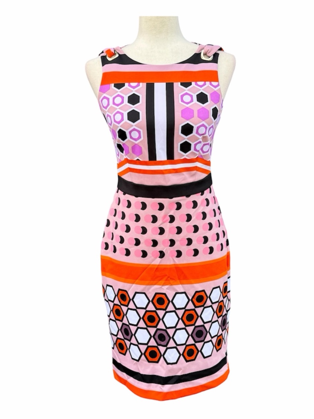 Muse Pink and Orange Geometric Sheath Dress Scuba Back Cutout exposed zipper 2
